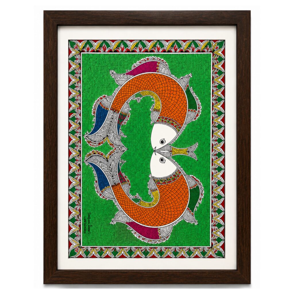 Handmade Mithila Painting – Twin Fish (Prosperity & Harmony)